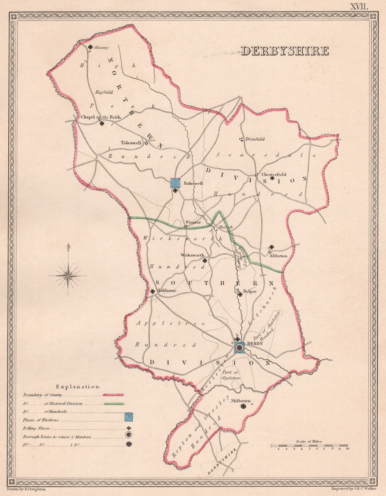 DERBYSHIRE antique county map by CREIGHTON/WALKER. Electoral 1835 old